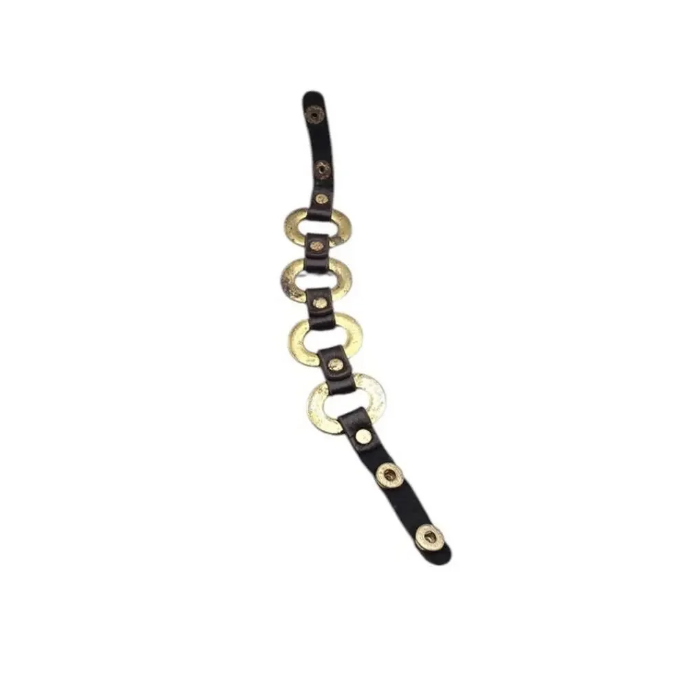 Brown Leather Rhinestone Link Bracelet Modern Western Glam
